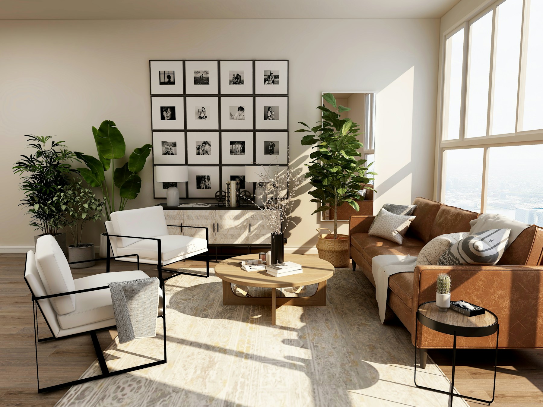 Sala luminosa e cuidada, com um sofá claro e plantas